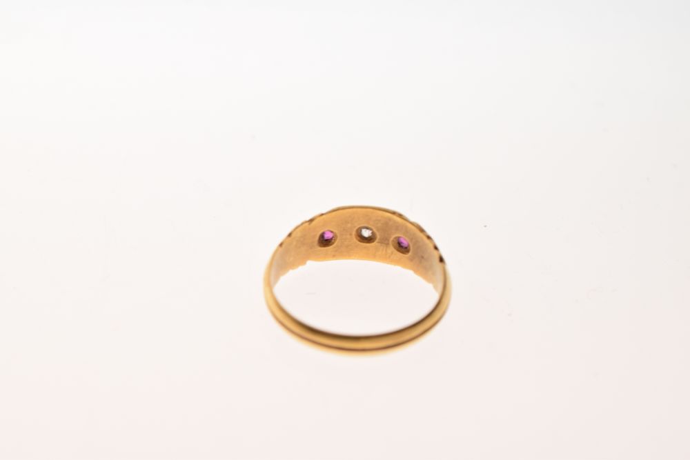 Late Victorian 15ct gold, ruby and diamond three-stone dress ring, Chester 1892, size N, 2.9g - Image 4 of 6