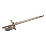 Elizabeth II silver novelty letter opener in the form of a sword with bark finish guard, 17.5cm
