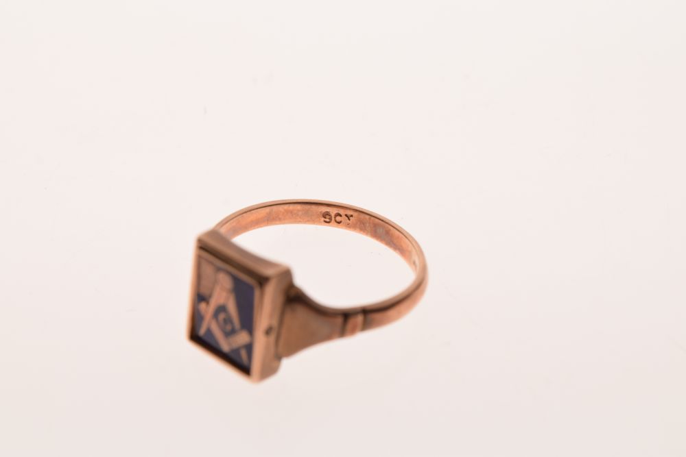 Masonic Interest - Yellow metal and blue enamel signet ring, the rectangular matrix engraved with - Image 7 of 7