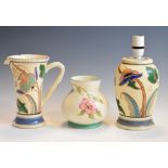 Honiton Ware lamp base and jug, and a Bewley pottery vase, height of jug 20cm Condition: