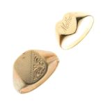 Gentleman's 9ct gold signet ring, size U, plus another smaller with heart-shaped matrix engraved '