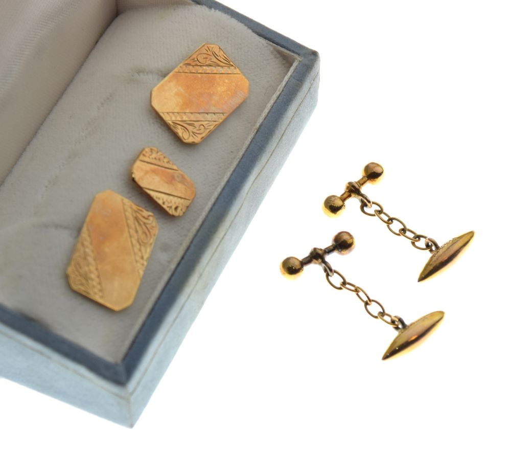 Cased pair of 9ct gold cufflinks, each with engraved canted oblong panel, together with a matching