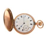 Early 20th Century gold-plated full Hunter-cased pocket watch, white Roman dial with subsidiary at