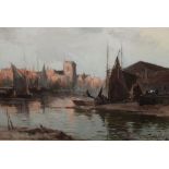 Bartram Hiles (1872-1927) - Watercolour - River scene with moored fishing boats, a townscape beyond,