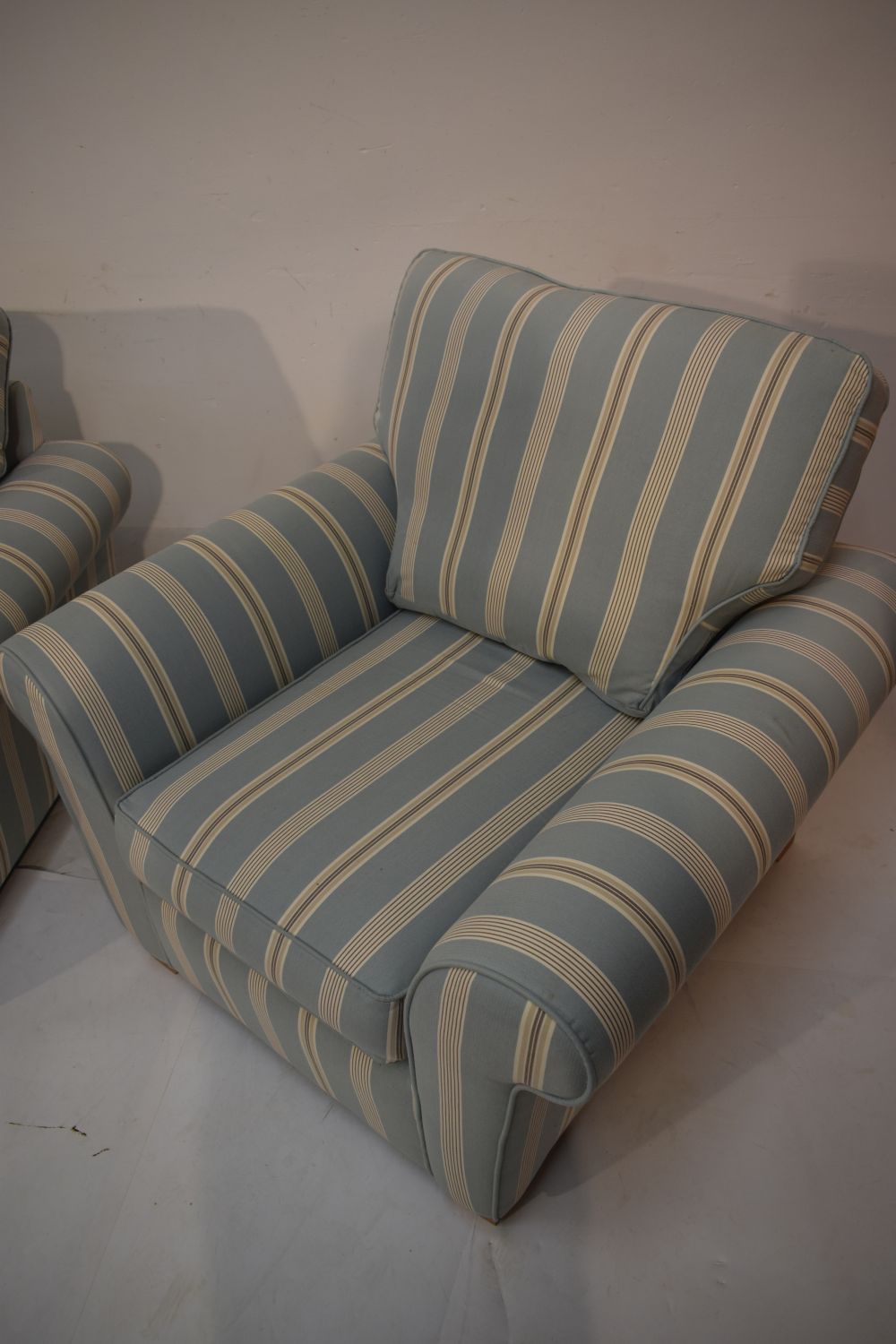 TR Hayes Ltd 'Falmouth' duck egg ticking stripe two seater sofa bed and two armchairs Condition: ** - Image 8 of 11