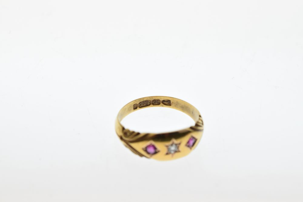 Late Victorian 15ct gold, ruby and diamond three-stone dress ring, Chester 1892, size N, 2.9g - Image 6 of 6