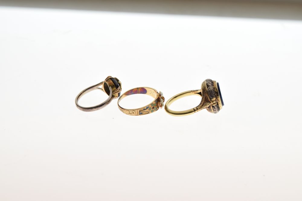 Three various unmarked dress rings comprising signet ring set lapis lazuli-coloured oval hardstone - Image 4 of 5