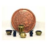 Collection of various metalware to include; Indian copper charger 61cm diameter, brass vases etc