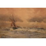 W.H. Pearson (Early 20th Century) - Watercolour - Off The Goodwins, a fishing boat on a stormy