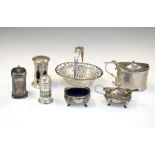 Collection of silver items to include various condiments and an Edward VII silver bon bon basket