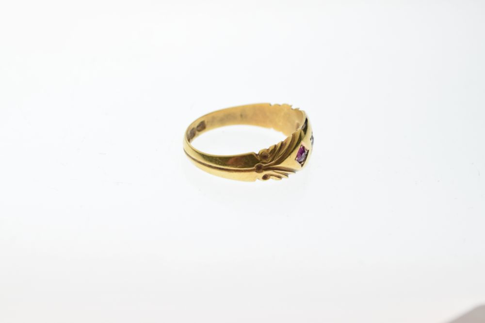 Late Victorian 15ct gold, ruby and diamond three-stone dress ring, Chester 1892, size N, 2.9g - Image 5 of 6