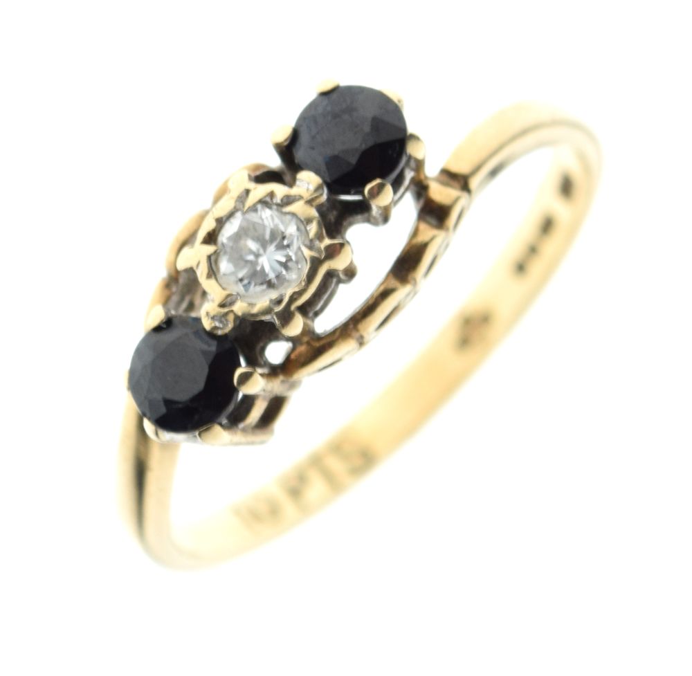 9ct gold, sapphire and diamond three-stone dress ring, size M, 2.3g gross approx Condition: **Due to