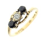 9ct gold, sapphire and diamond three-stone dress ring, size M, 2.3g gross approx Condition: **Due to