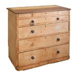 Stripped pine chest of five long graduated drawers, 100cm wide x 93cm high x 55cm deep Condition: