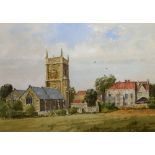 P.J. Glynn - Watercolour - Chelvey, View of the village church and surrounding historic buildings,