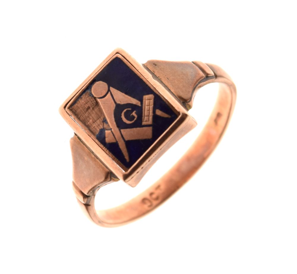 Masonic Interest - Yellow metal and blue enamel signet ring, the rectangular matrix engraved with