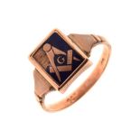 Masonic Interest - Yellow metal and blue enamel signet ring, the rectangular matrix engraved with