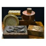 Quantity of wooden table top boxes etc to include travelling chess set, leather collar and stud box,