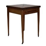 Edwardian mahogany and satin inlaid envelope card table, 56cm square x 75cm high Condition:
