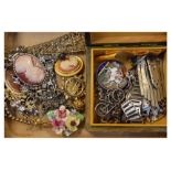 Assorted costume jewellery to include white metal and enamel charm bracelet, cocktail watch, vintage