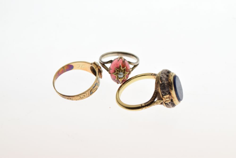 Three various unmarked dress rings comprising signet ring set lapis lazuli-coloured oval hardstone - Image 5 of 5