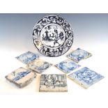 Five Delft style tiles, two Victorian tiles and a reproduction Italian majolica dish, 30cm