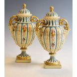 Pair of late 19th Century Continental porcelain covered vases, 24cm high overall Condition: Both