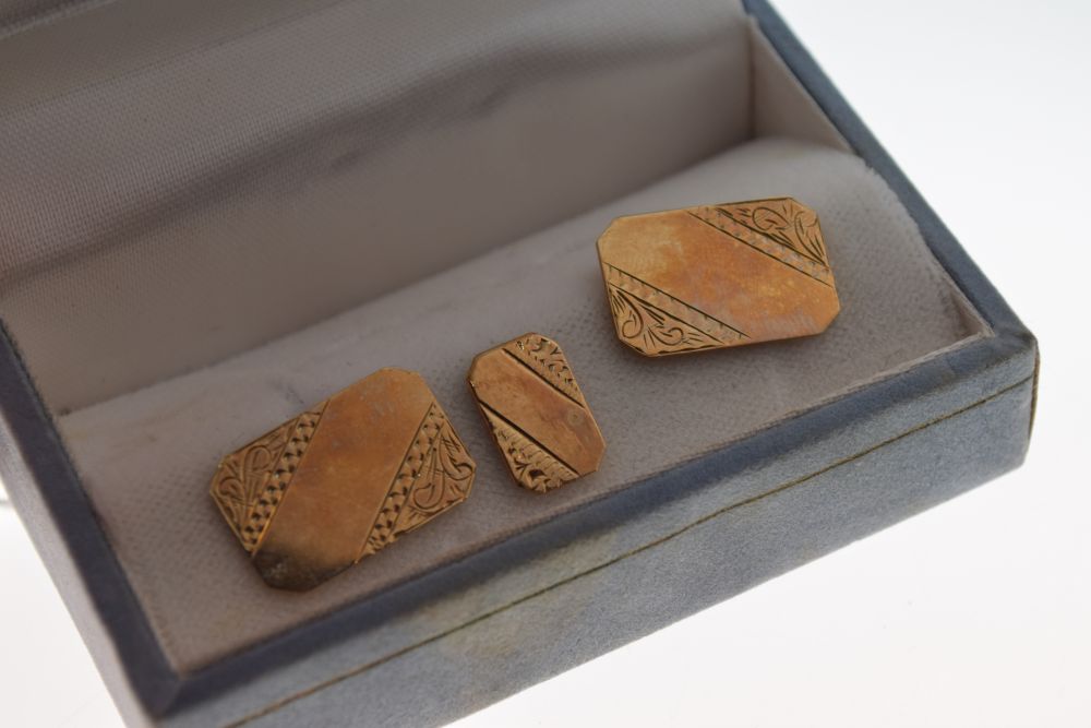 Cased pair of 9ct gold cufflinks, each with engraved canted oblong panel, together with a matching - Image 5 of 6