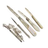 Three silver-bladed mother-of-pearl handled folding pocket fruit knives, together with two