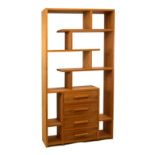 John Lewis solid oak and oak veneer Henry four drawer shelving unit, 200cm high x 100cm wide x