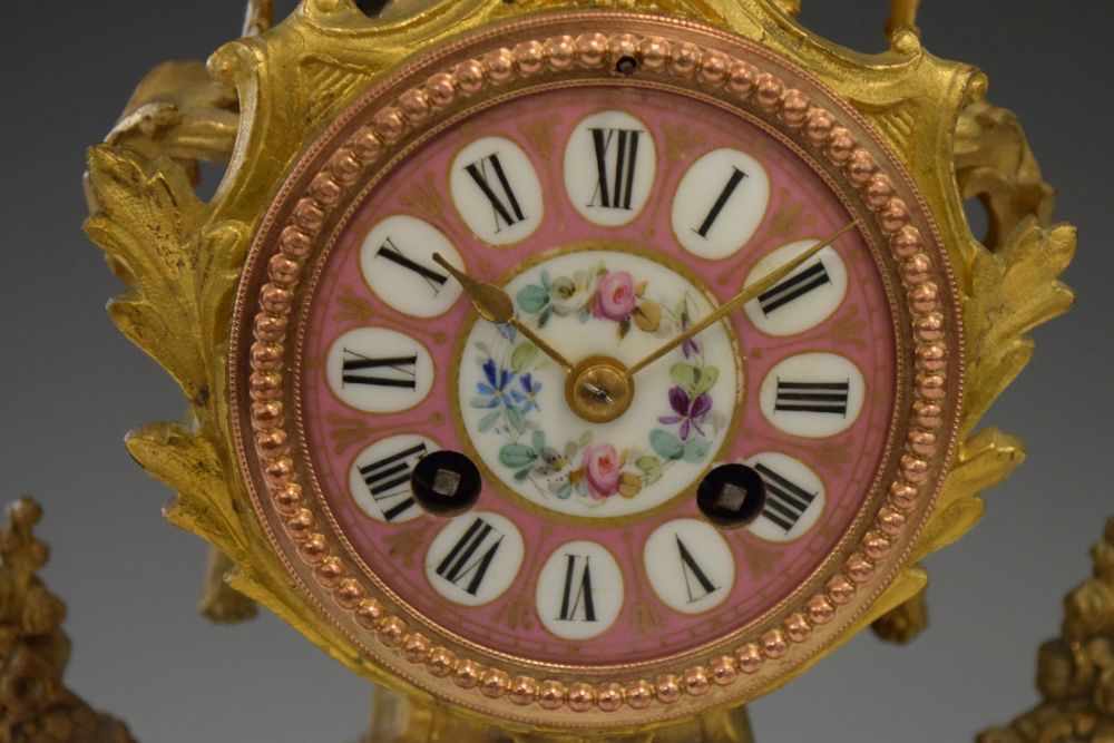 19th Century French porcelain mounted gilt metal mantel clock, 36cm high Condition: Sold as seen, - Image 2 of 11