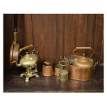 Assorted metal work to include copper bed warming pan, kettle, brass spirit kettle on stand etc