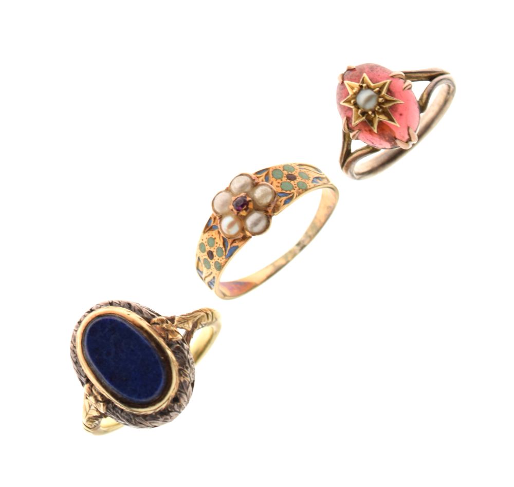 Three various unmarked dress rings comprising signet ring set lapis lazuli-coloured oval hardstone