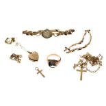 Assorted 9ct gold, yellow metal and unmarked jewellery to include lady's wristwatch, heart-shaped
