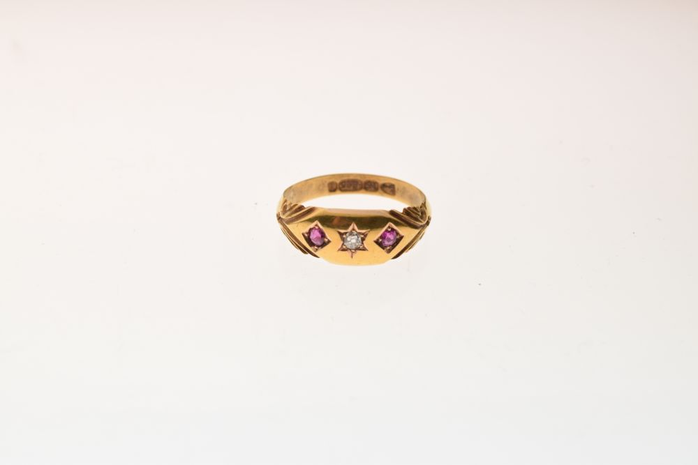 Late Victorian 15ct gold, ruby and diamond three-stone dress ring, Chester 1892, size N, 2.9g - Image 2 of 6