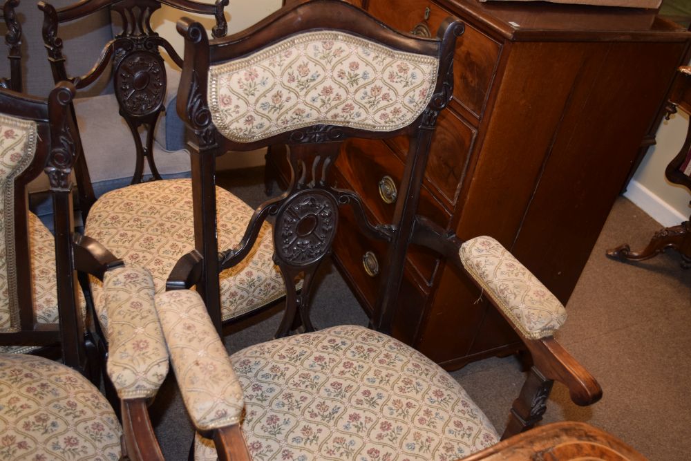 Late 19th/early 20th Century mahogany drawing room suite of settee, pair of open armchairs, and four - Image 7 of 7