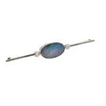 White metal, diamond and opal brooch, the central doublet approximately 20mm wide flanked by two