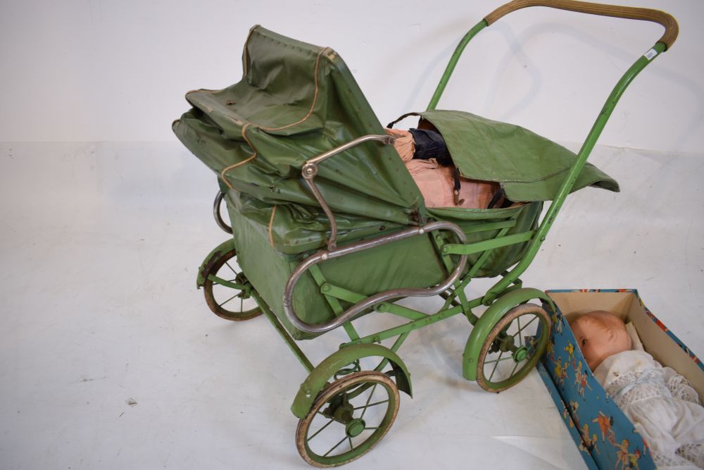 Vintage child's pram, in green, together with assorted group of bisque and other headed dolls - Image 4 of 9