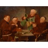 After Eduard Grützner (1846-1925) - Hand embellished print on canvas - A Monks Repast, framed,