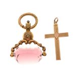 Yellow metal cross pendant stamped 9ct, together with a Victorian gilt metal swivel fob (2)