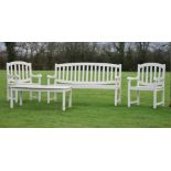 Late 20th Century cream painted patio set by Cannock Gates comprising: bench 152cm wide, two