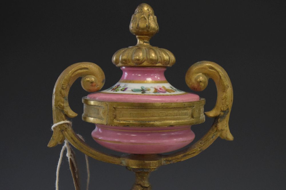 19th Century French porcelain mounted gilt metal mantel clock, 36cm high Condition: Sold as seen, - Image 3 of 11