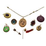 Group of assorted mainly unmarked yellow metal jewellery to include enamelled photographic locket,