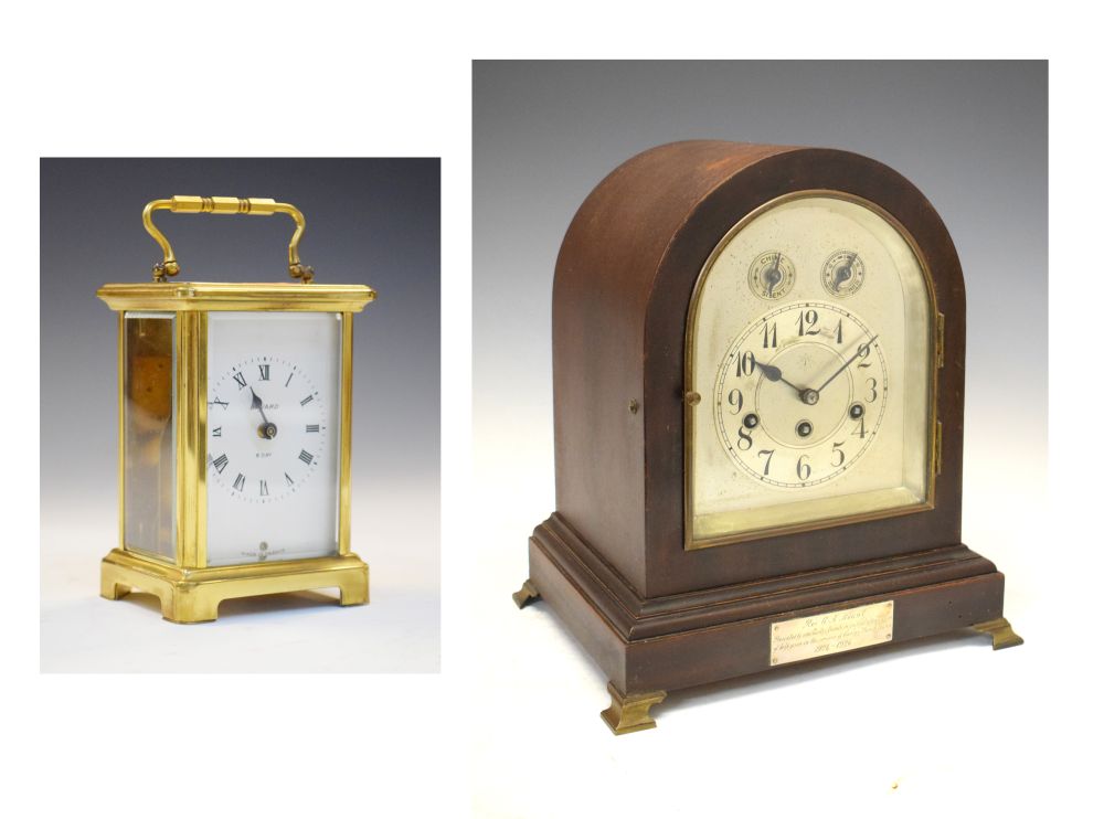 Junghans - Early 20th Century mahogany cased chiming mantel clock, together with a brass cased