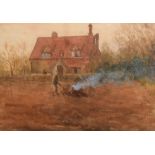 English School circa 1900 - Watercolour - Figure before a rural cottage, unsigned, 24.5cm x 34.