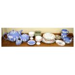Wedgwood pale blue jasper ware three-piece tea set, green jasper ware vase, and sundry ceramics