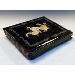 Vintage Japanese lacquered photograph album having inlaid mother-of-pearl dragon design to cover
