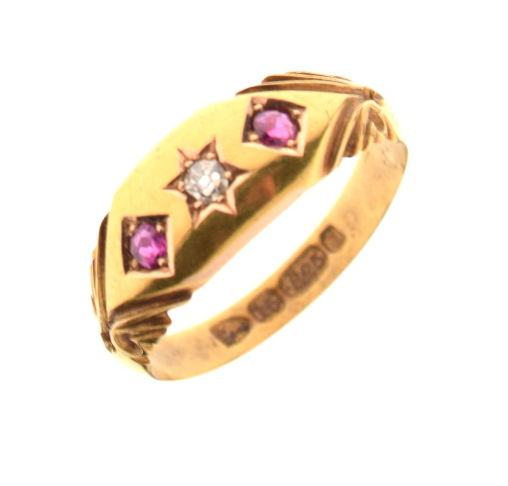 Late Victorian 15ct gold, ruby and diamond three-stone dress ring, Chester 1892, size N, 2.9g