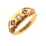 Late Victorian 15ct gold, ruby and diamond three-stone dress ring, Chester 1892, size N, 2.9g