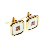 Fred (Paris) - Pair of yellow metal, ruby and mother-of-pearl cufflinks, stamped verso Fred 750, 7.